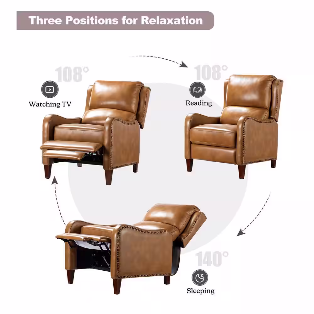 JAYDEN CREATION Hyde Modern Retro Camel Genuine Leather Wingback Recliner Upholstery Armchair With Nail Head Trim