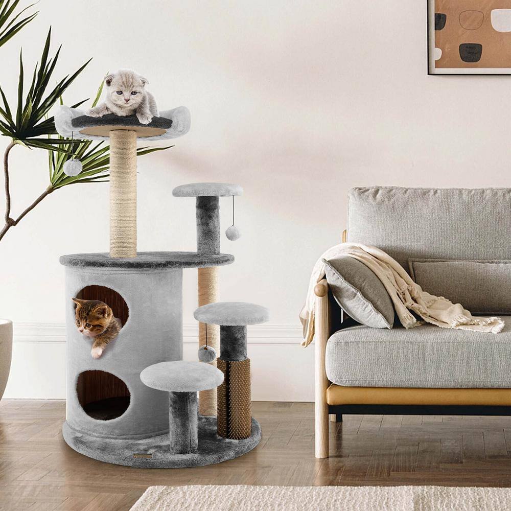 ANGELES HOME Gray 40 in. Cat Tree Tower Multi-Level Activity Tree with 2-Tier Cat-Hole Condo