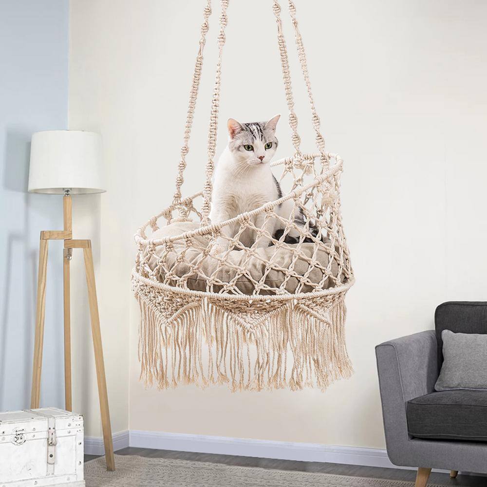 None Beige Hanging Boho Cat Bed Hammock Cat Swing Cat Hammock