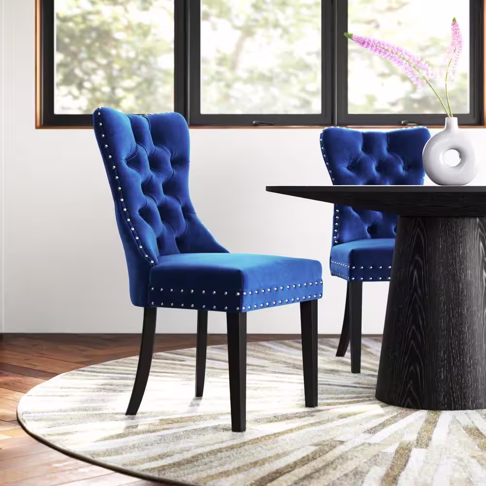 None Dark Blue Velvet Upholstered Dining Chairs Accent Diner Chairs Stylish Kitchen Chairs with Wood Legs (Set of 2)