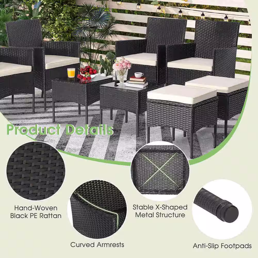 Costway 8-Pieces Patio Rattan Furniture Set Sofas Ottomans Cushioned Table Free Combination in White