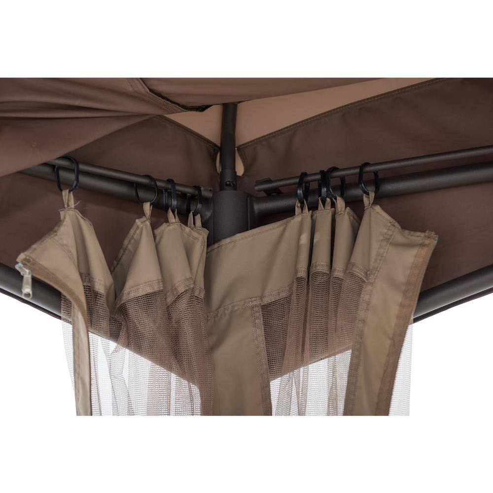 Sunjoy Bourbon 13.5 ft. x 13.5 ft. Brown Steel Gazebo with 2-Tier Tan and Brown Dome Canopy and Mosquito Netting
