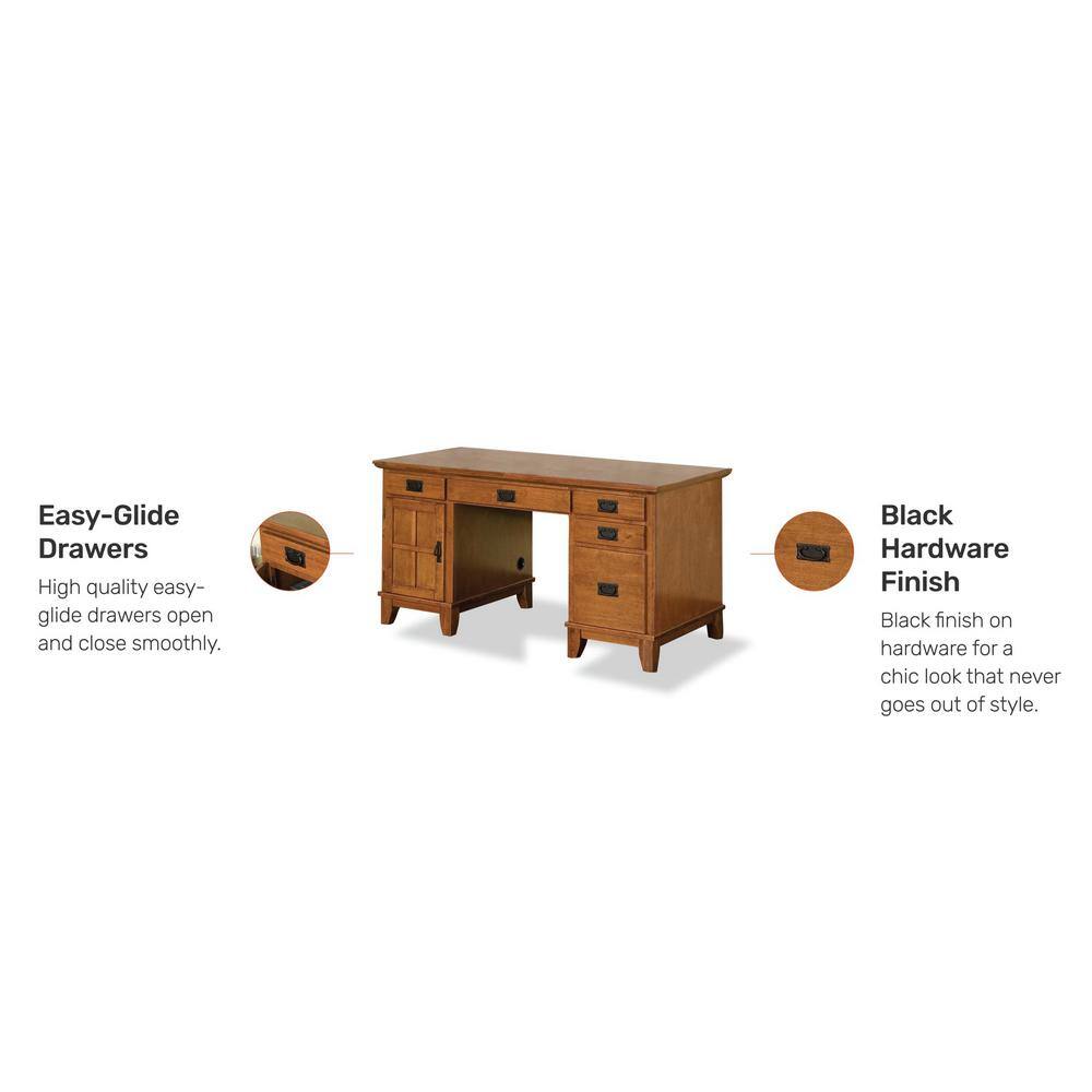 HOMESTYLES Arts and Crafts 58 in. Rectangular Oak 5-Drawer Computer Desk