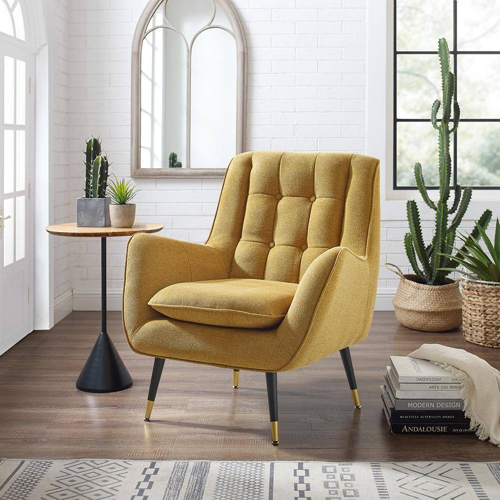 None MIA Yellow Fabric Mid-Century Accent Arm Chair with Cushion and Legs