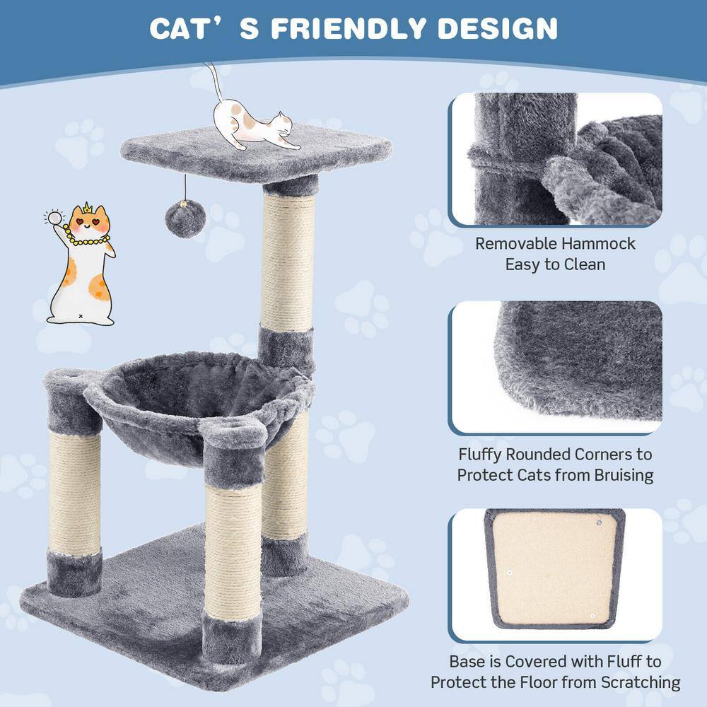 ANGELES HOME Gray Wood Multi-level Cat Tree with Scratching Posts and Cat Hammock