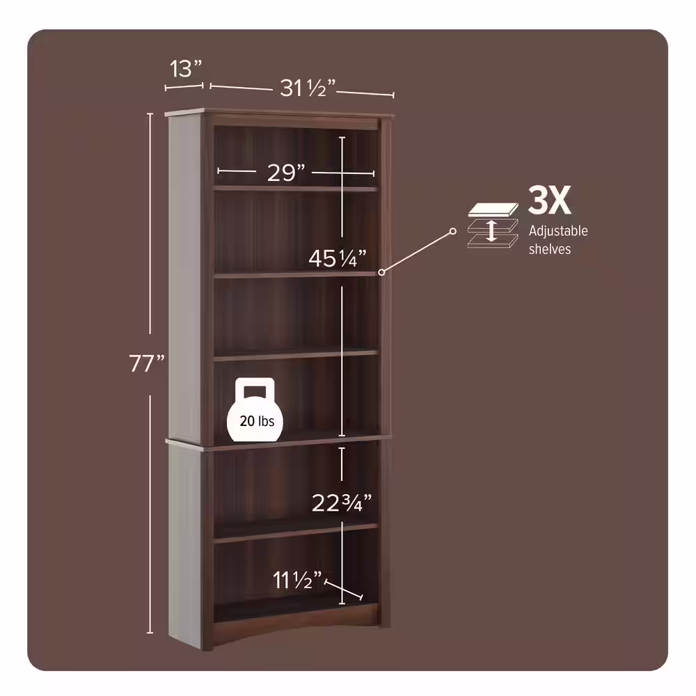 Prepac 77 in. Espresso Wood 6-shelf Standard Bookcase with Adjustable Shelves
