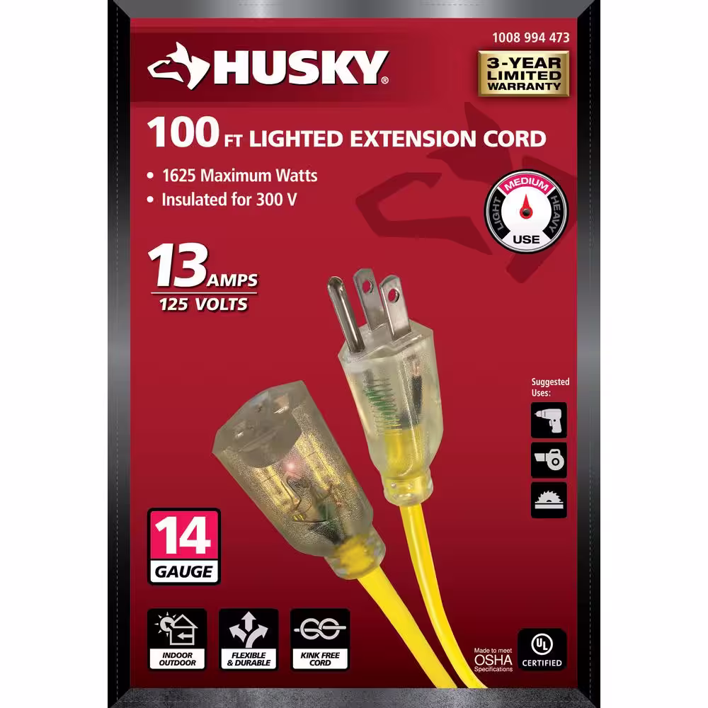 Husky 100 ft. 14/3 Medium Duty Indoor/Outdoor Extension Cord with Lighted End, Yellow