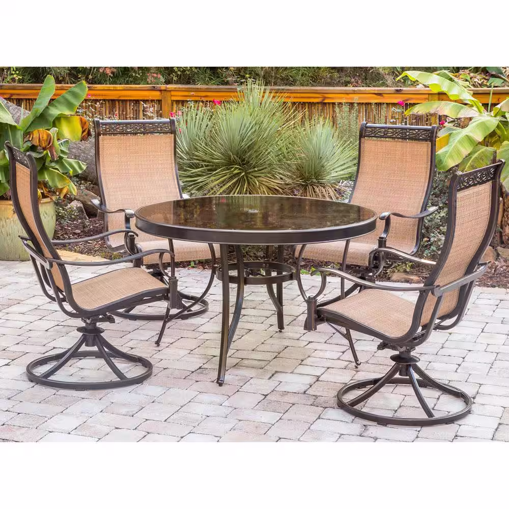Hanover Monaco 5-Piece Aluminum Outdoor Dining Set with Round Glass-Top Table and Contoured Sling Swivel Chairs
