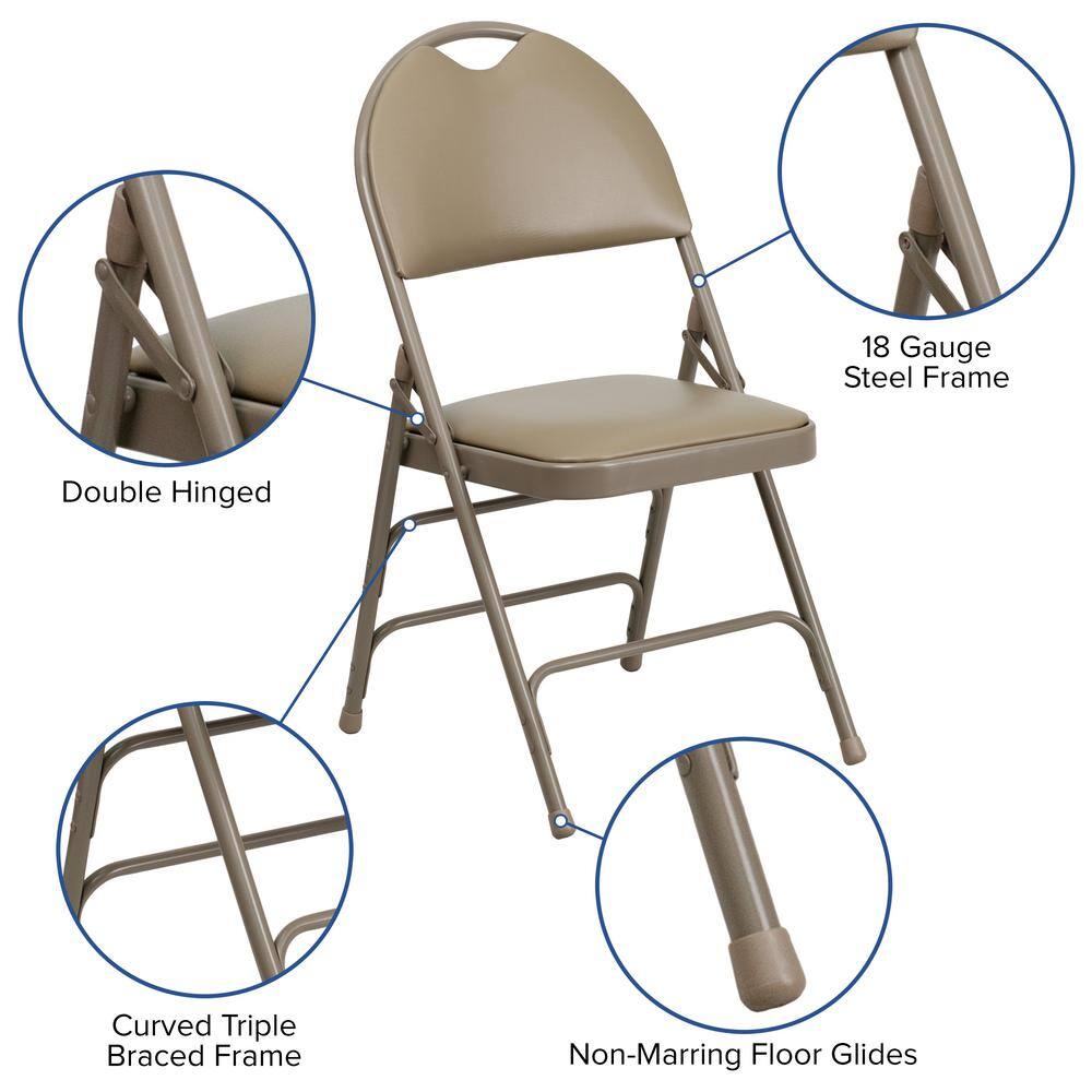 Flash Furniture Hercules Series Extra Large Ultra-Premium Triple Braced Beige Vinyl Metal Folding Chair with Easy-Carry Handle