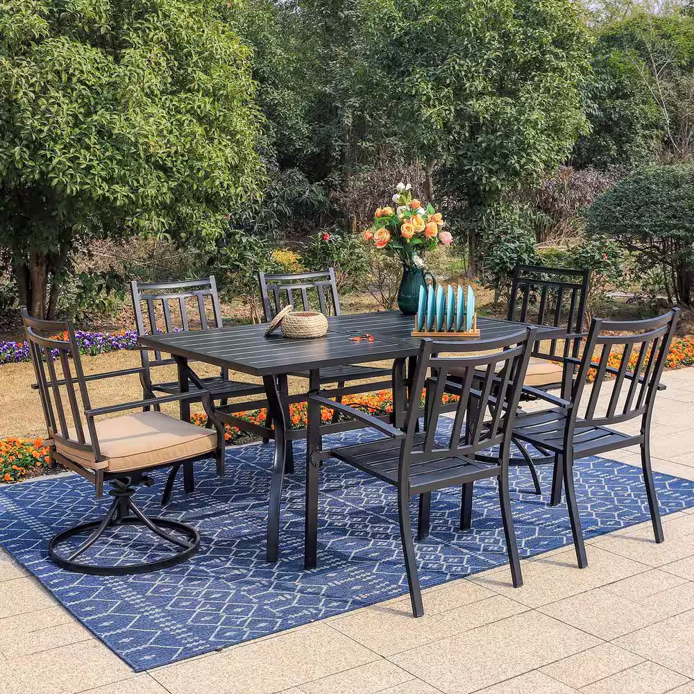 None Black 7-Piece Metal Patio Outdoor Dining Set with Slat Rectangle Table and Fashion Chairs