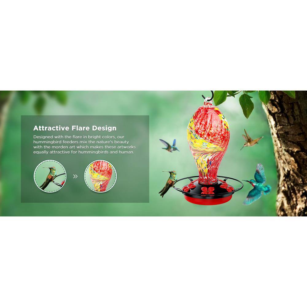 None 30 oz. Leakproof Humming Bird Feeder, Hand Blown Glass Hummingbird Feeder With Rustproof Base and Ant Moat