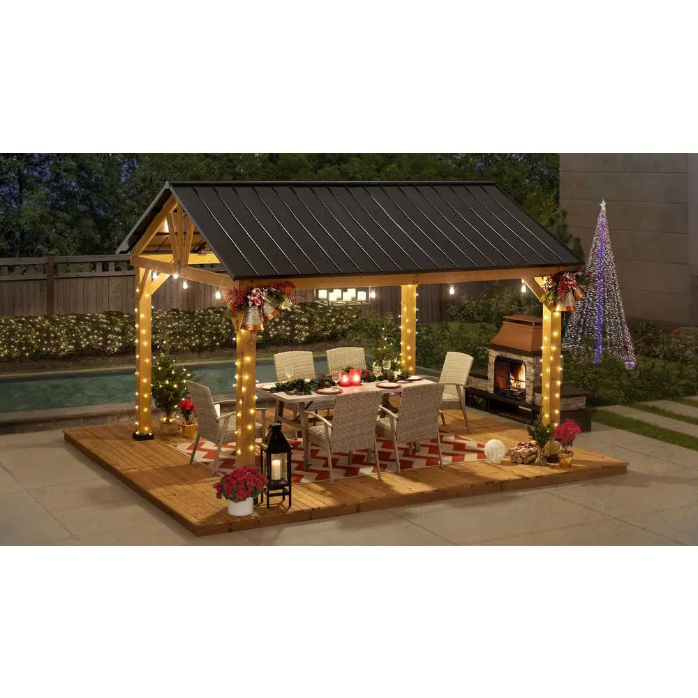 Sunjoy Wynn 13 ft. x 15 ft. Cedar Framed Gazebo with Brown Steel Gable Roof Hardtop