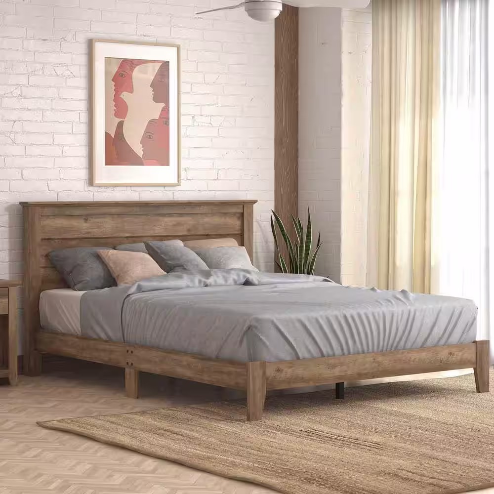 GALANO Harlowin Knotty Oak Wood Frame Queen Bed With Headboard