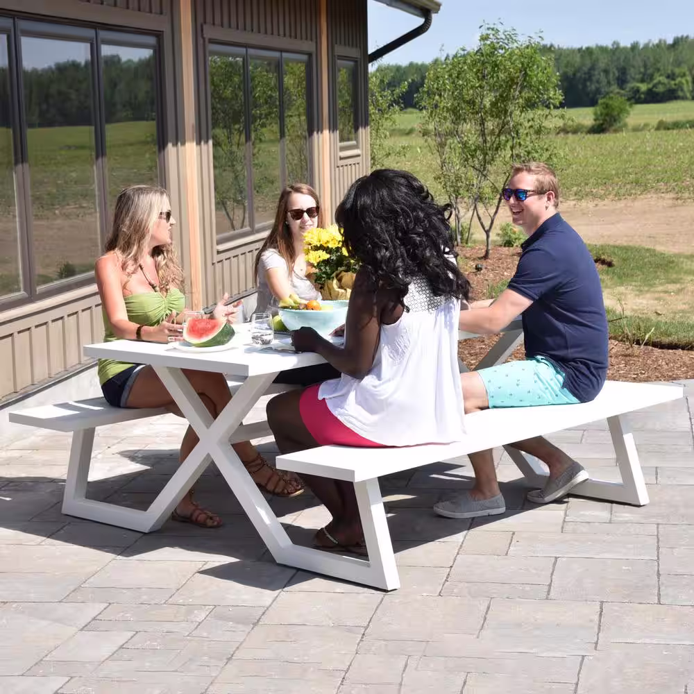 None Banquet White Rectangle Aluminum Picnic Table with Attached Bench Seating