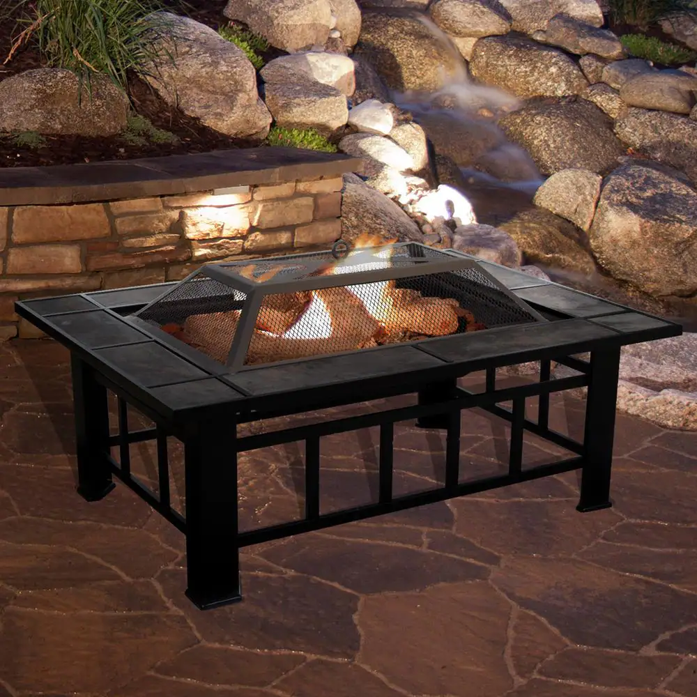 Pure Garden 37 in. Steel Rectangular Tile Fire Pit with Cover