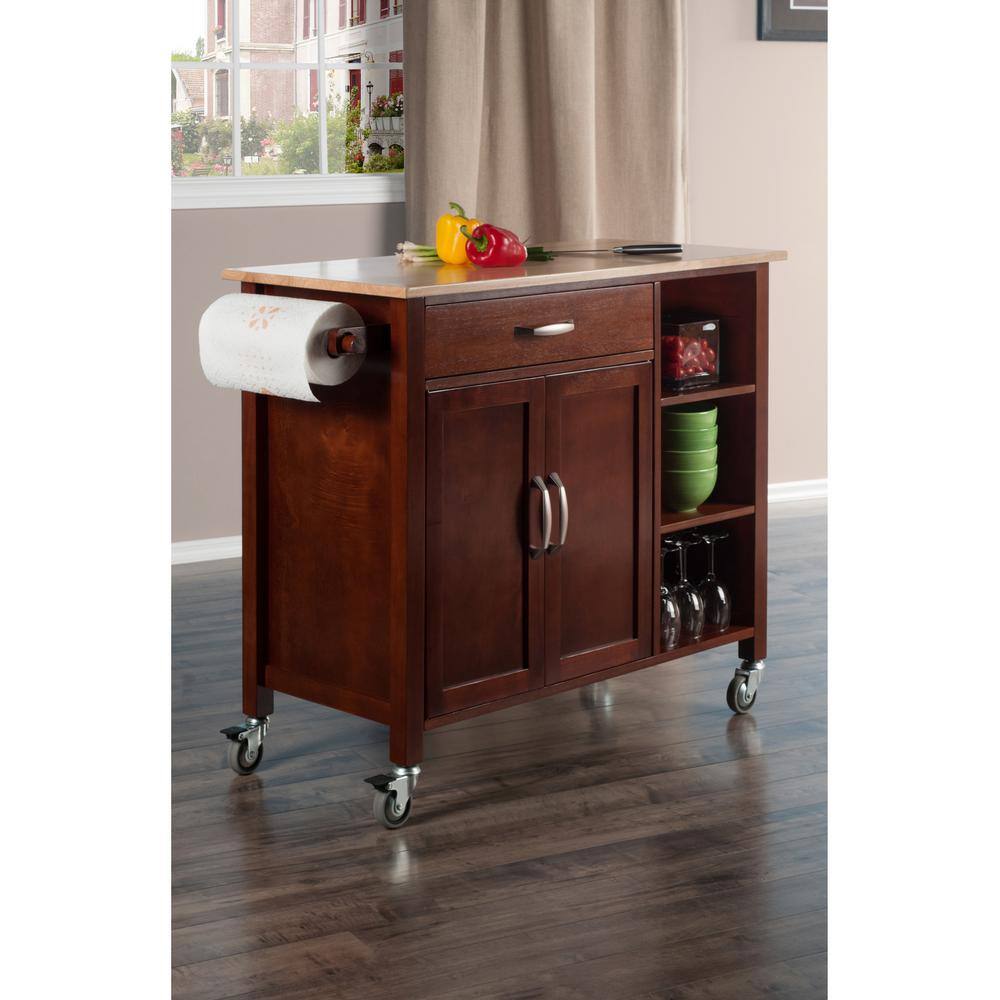 WINSOME WOOD Mabel Walnut Kitchen Cart with Natural Wood Top