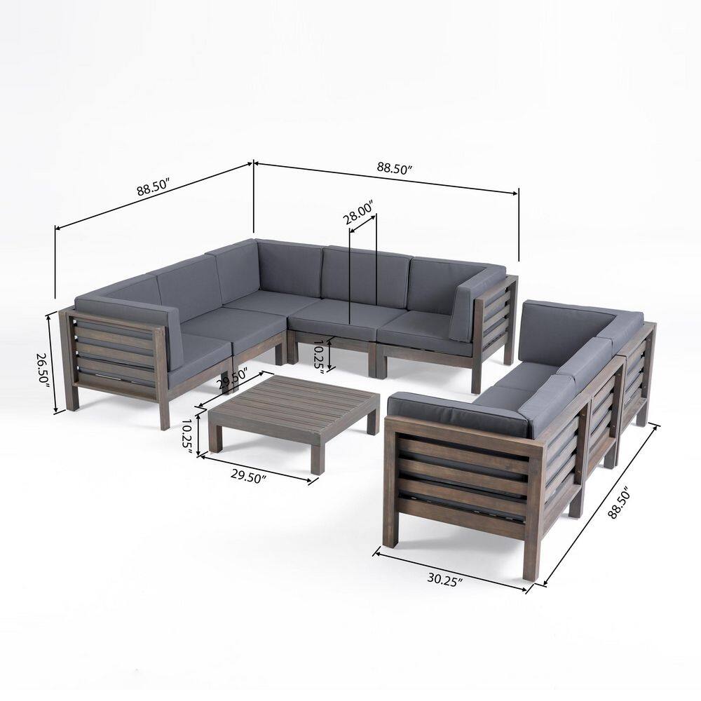 Noble House Oana Grey 9-Piece Wood Patio Conversation Sectional Seating Set with Dark Grey Cushions