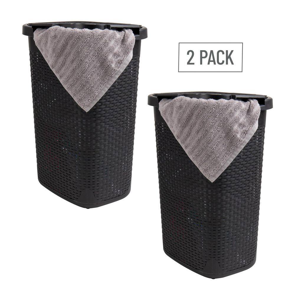 Mind Reader Basket Collection, Plastic Slim Laundry Hamper, 60 Liter (15kg/33lbs) Capacity, Attached Hinged Lid, Set of 2, Black