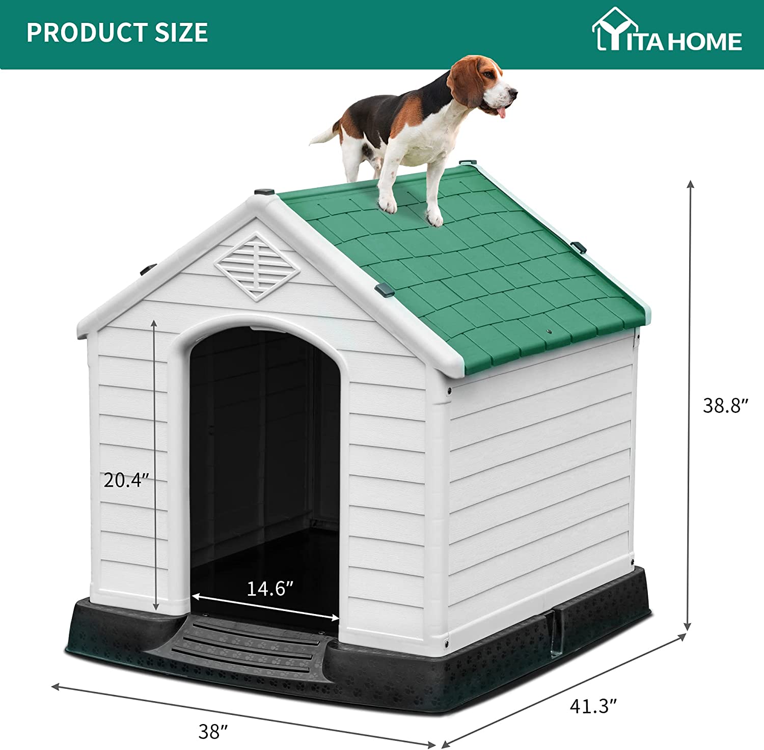 YITAHOME Large Plastic Dog House Outdoor Indoor Dog Puppy Shelter Water Resistant with Air Vents and Elevated Floor (41''L*38''W*39''H, Green)