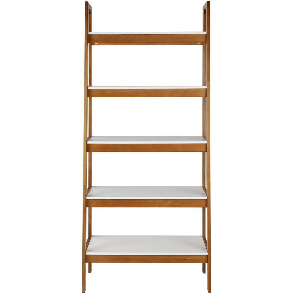 Camaflexi Mid Century Modern 74 in. White / Castanho Wood 5-Shelf Open Bookcase with Solid Wood Frame