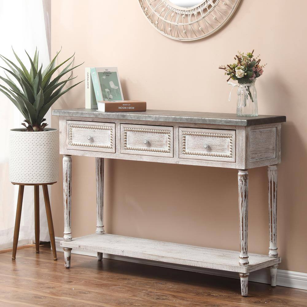 LuxenHome Farmhouse 48 in. White/Dark Gray Standard Rectangle Wood Console Table with Drawers