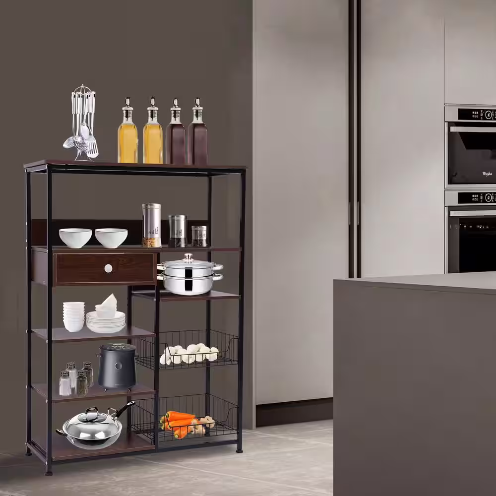 None Brown 5-Tier Metal Wood Shelving Unit (31.5 in. W x 43.7 in. H x 11.8 in. D)