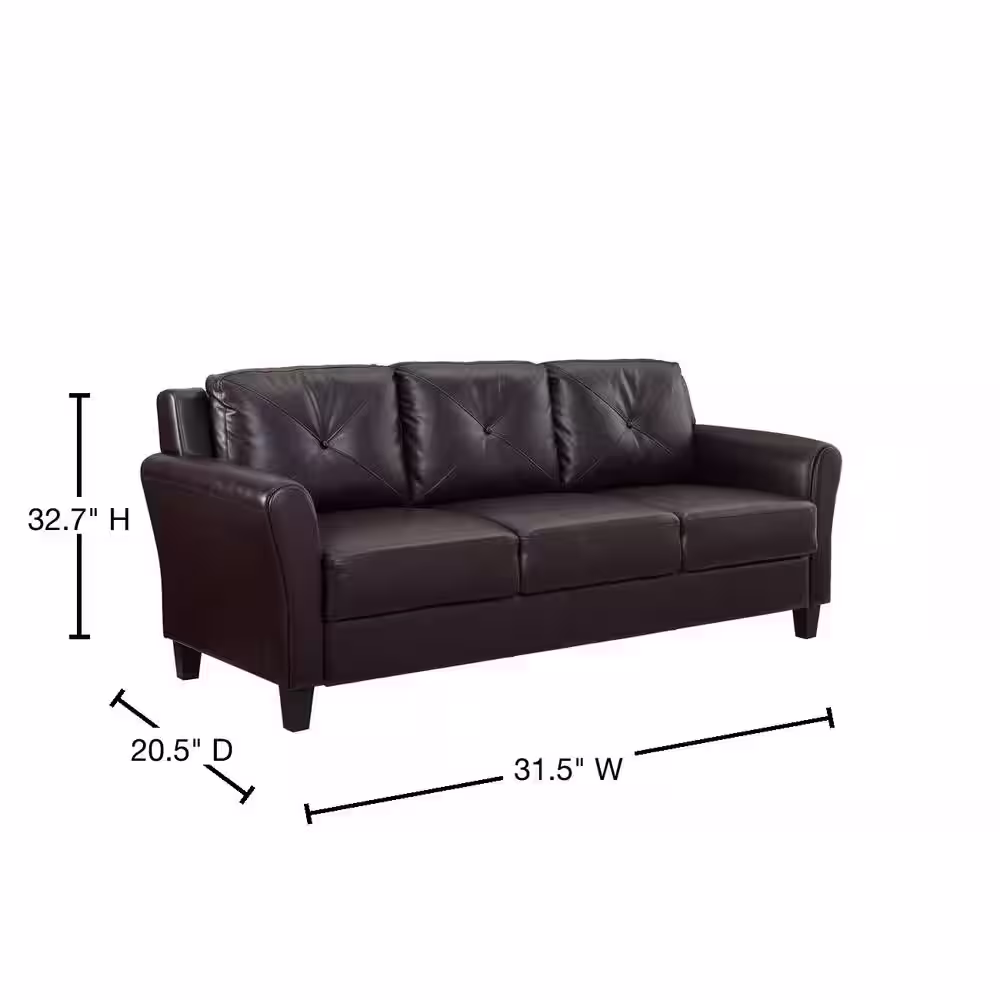 Lifestyle Solutions Romeo 31.5 in. Java Faux Leather Microfiber 3-Seater English Rolled Arm Sofa with Removable Cushions