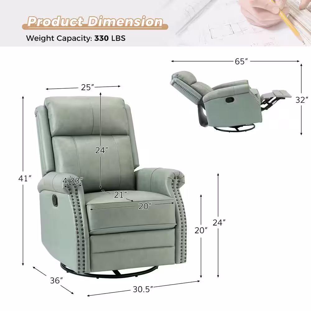 JAYDEN CREATION Sonia Transitional Sage 30.5'' Wide Genuine Leather 5-Position Manual Rocking Recliner with Metal Base and Rolled Arms