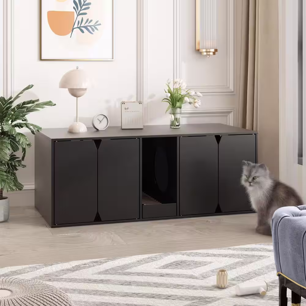 None Cat House Furniture for 2 Cats, Large Modern Wooden 4-Door Cat Washroom with Double Room and Litter Catch, Black