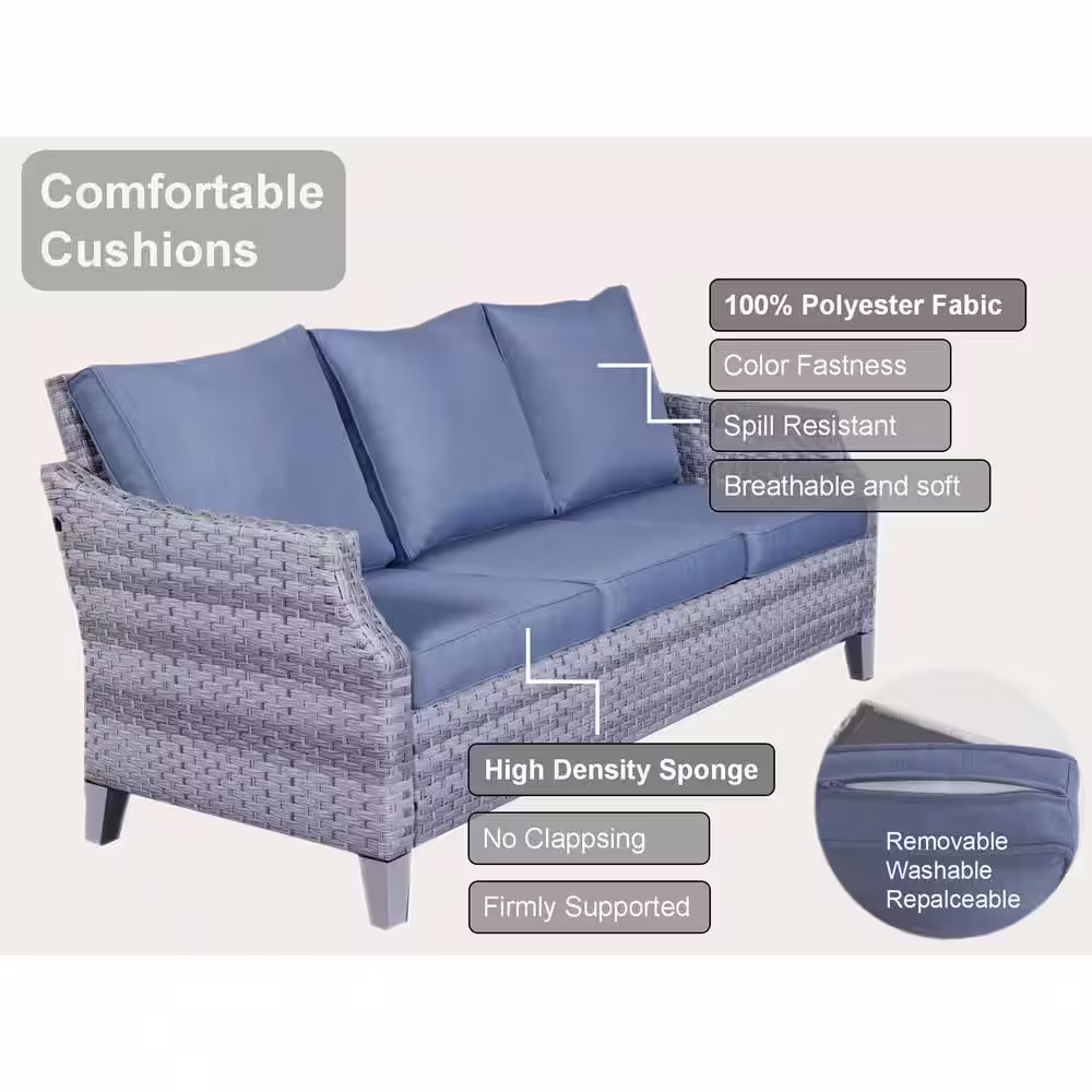 Gymojoy Canton Grey 5-Piece Wicker Patio Conversation Set with Baby Blue Cushions