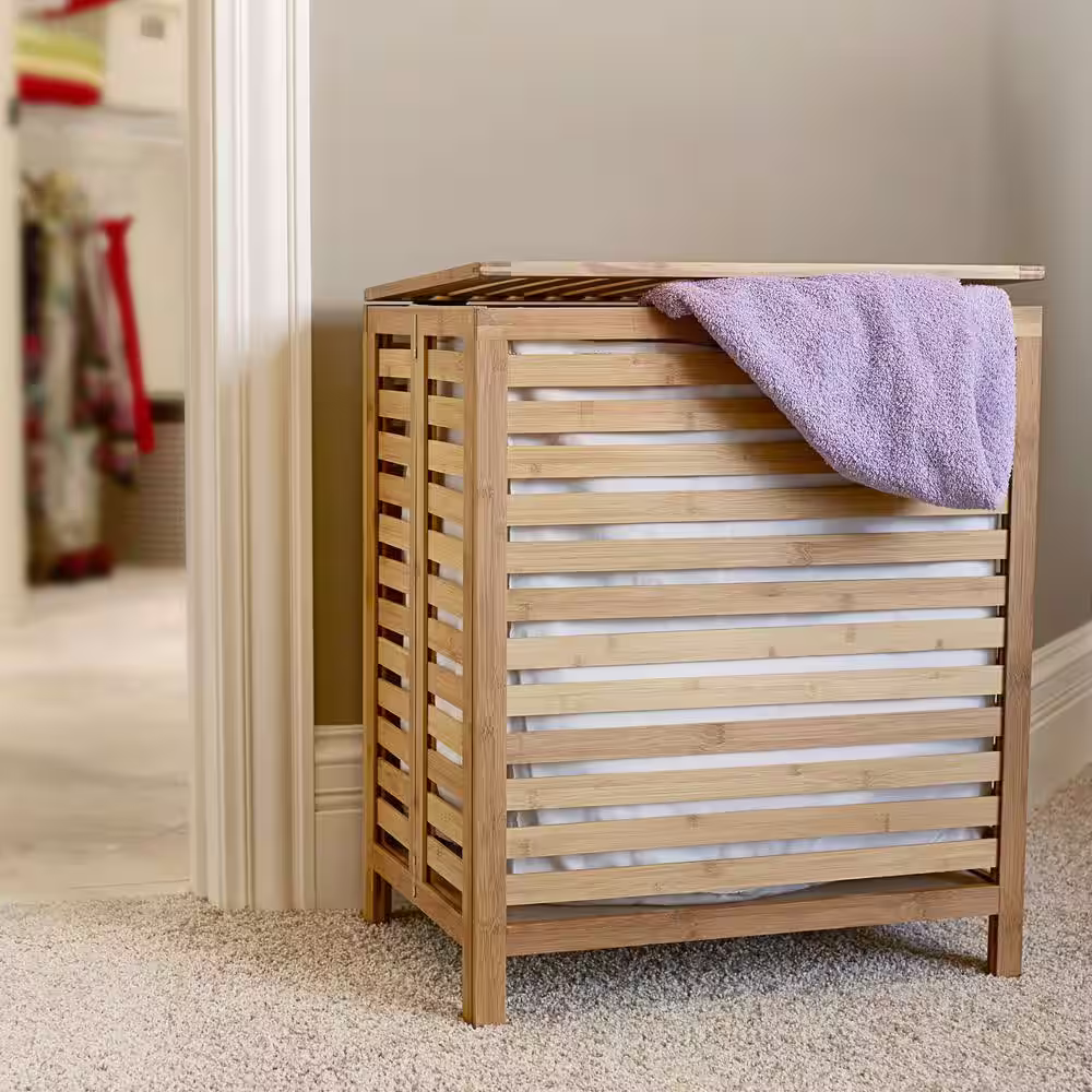 HOUSEHOLD ESSENTIALS Natural Bamboo Laundry Hamper with a Hinged Lid