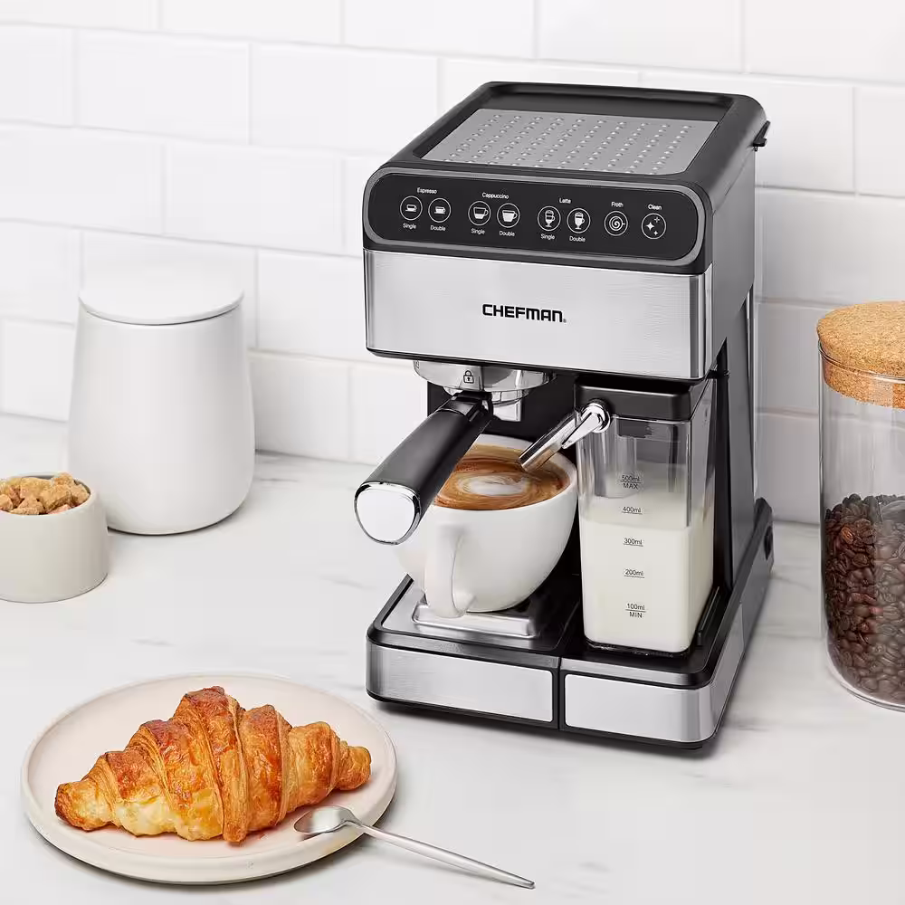 Chefman 7.6 Cup Brew Single and Double Shot Stainless Steel 6-in-1 Espresso Machine 15-Bar Pump Built-In Milk Froth Coffee Maker