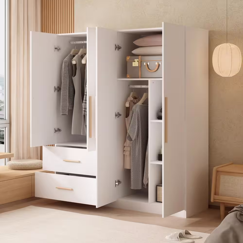 FUFU&GAGA 70.9 in. H x 19.5 in. D White 63 in. W 4-Door Big Wardrobe Armoires with Hanging Rods, Drawers and Storage Shelves