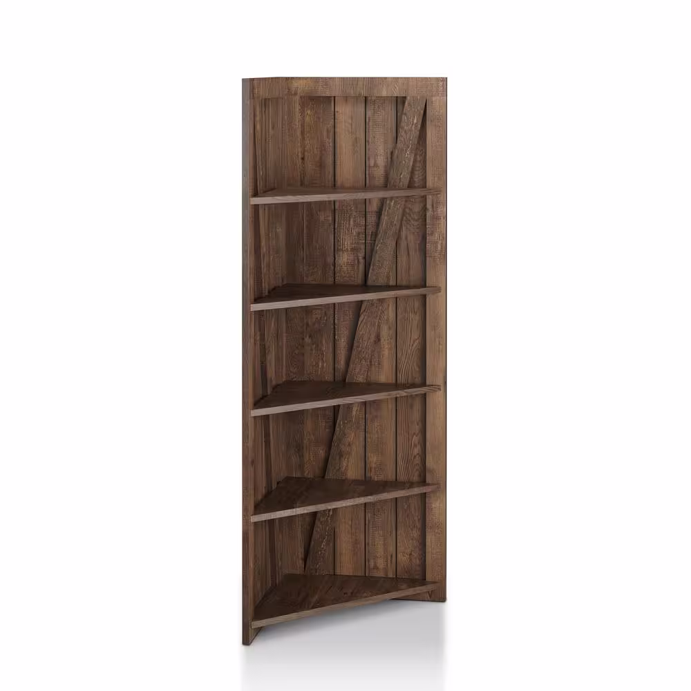 Furniture of America Helsa Reclaimed Oak 5-Shelf Corner Display Bookcase
