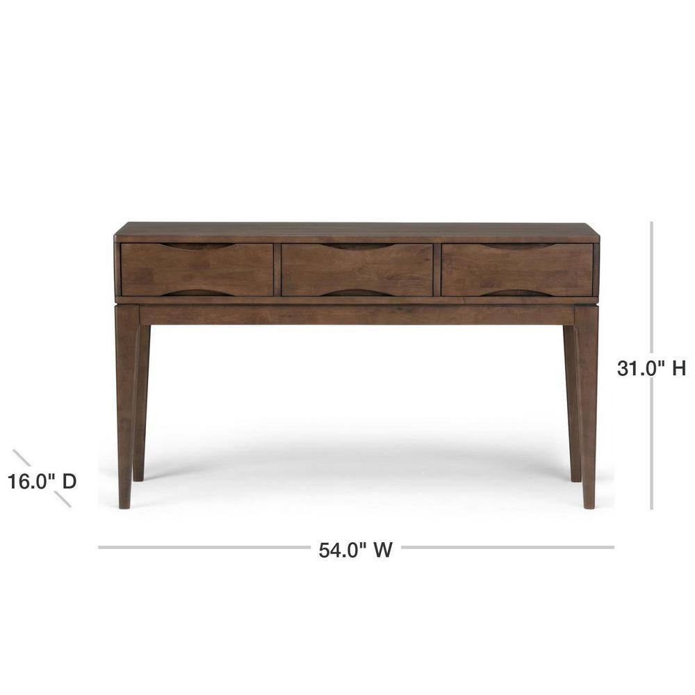Simpli Home Harper Solid Hardwood 54 in. Wide Mid-Century Modern Console Sofa Table in Walnut Brown