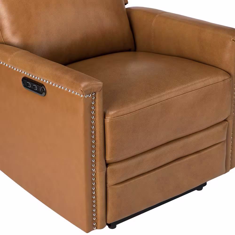 JAYDEN CREATION Valentino Transitional Camel Electric Genuine Leather Recliner with Nailhead Trims and Metal Base Set of 2