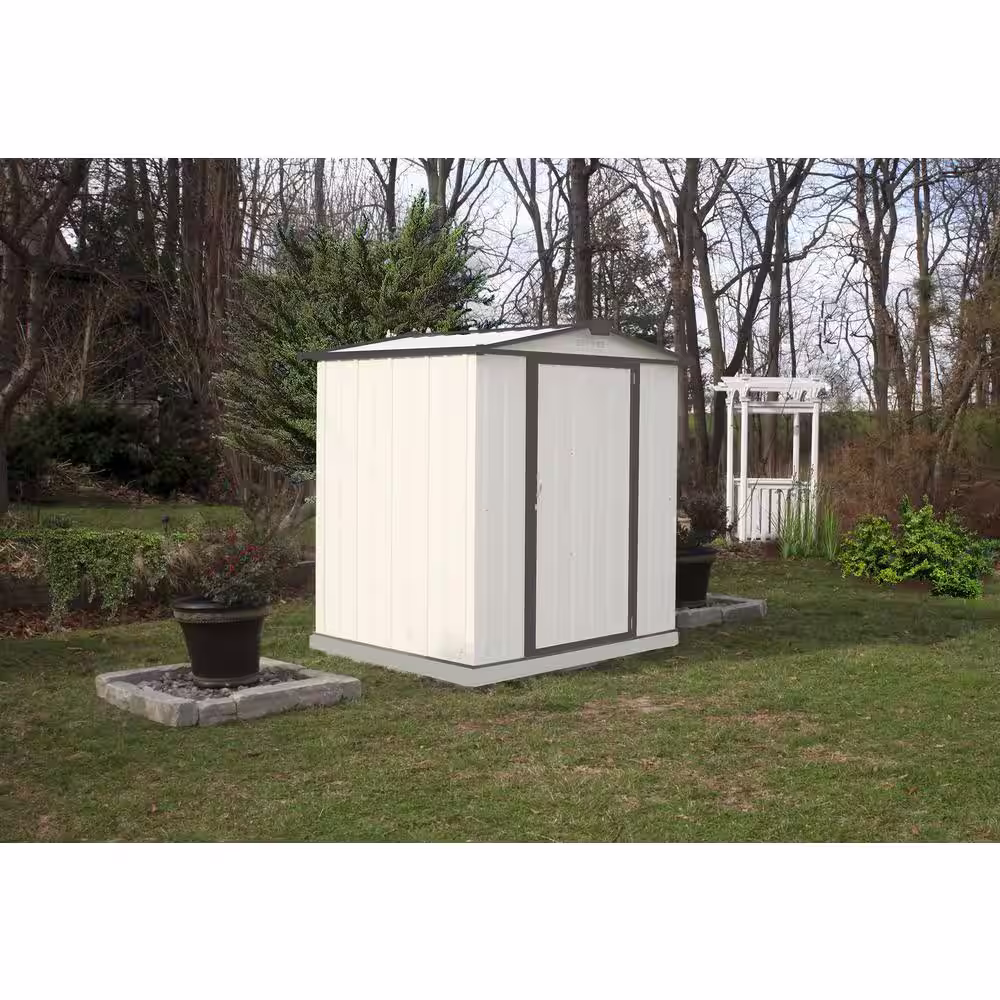 Arrow 6 ft. H x 5 ft. D x 5.5 ft. W EZEE Galvanized Steel Low Gable Shed in Cream/Charcoal Trim with Snap-IT Quick Assembly