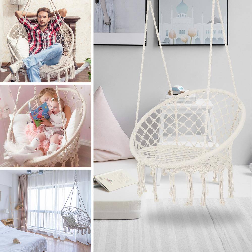 None 47 in. Bohemian Hanging Hammock Chair Macrame Swing Chair Indoor and Outdoor Knitted Cotton Rope Swing Chair in Beige
