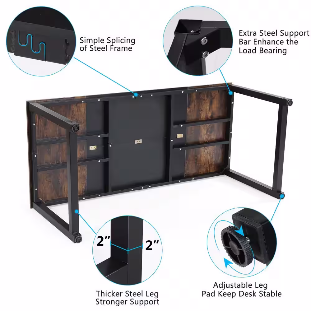 BYBLIGHT 70.8 in. Executive Desk Black and Rustic Brown Computer Desk with Thicken Frame