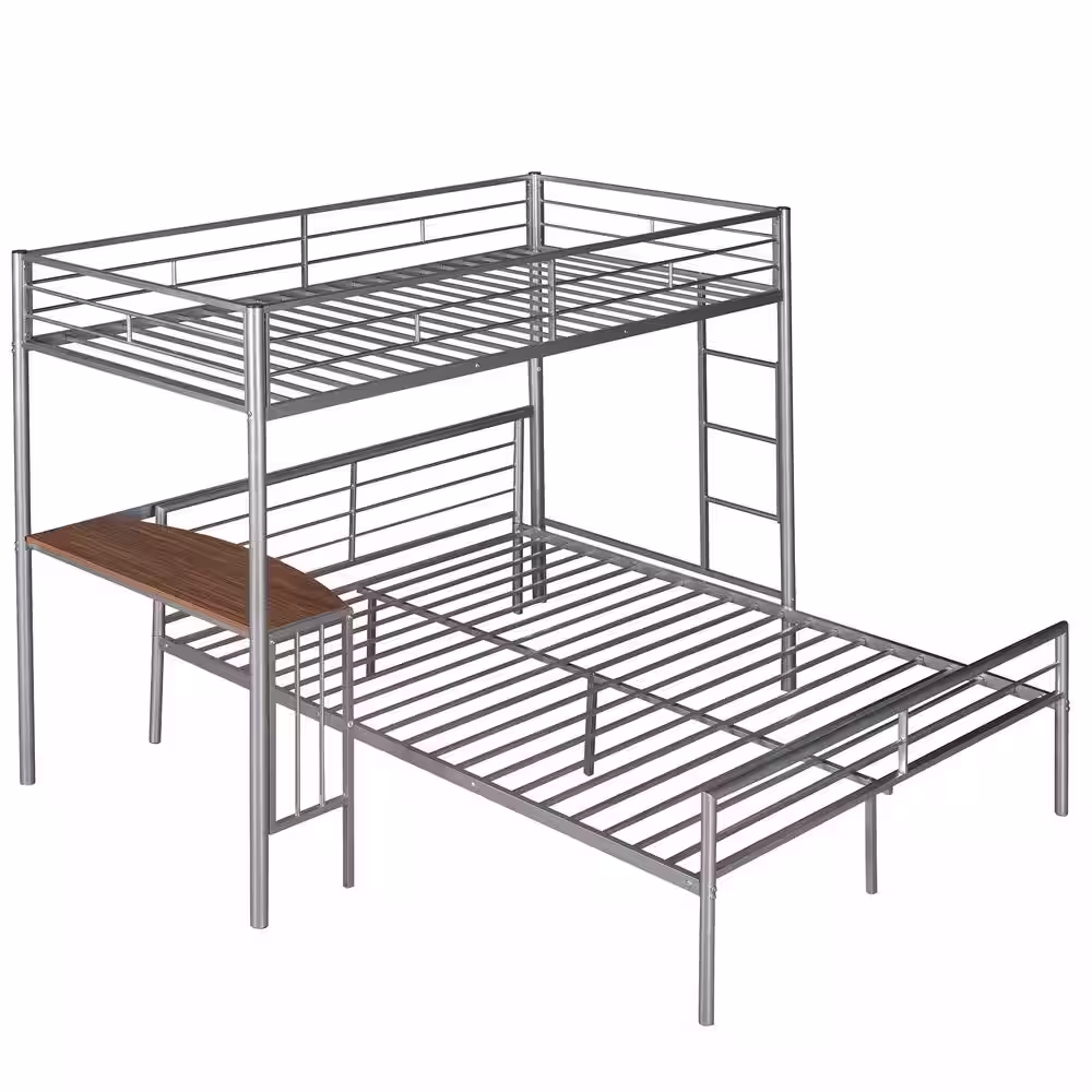 Polibi Twin Over Full Metal Bunk Bed in Silver with Desk, Ladder and Quality Slats