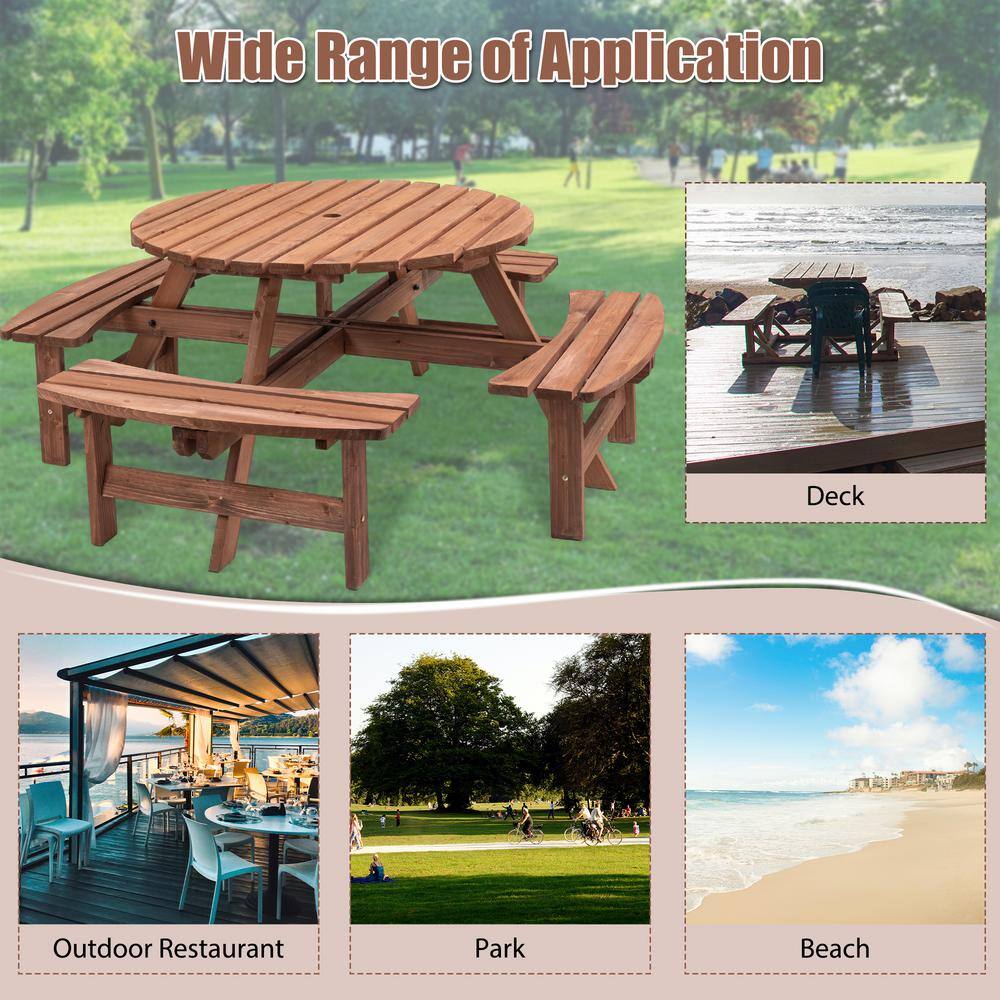 None 70.07 in. W Brown Solid Wood 8 Person Wooden Picnic Table Garden DIY w/4 Built-in Benches