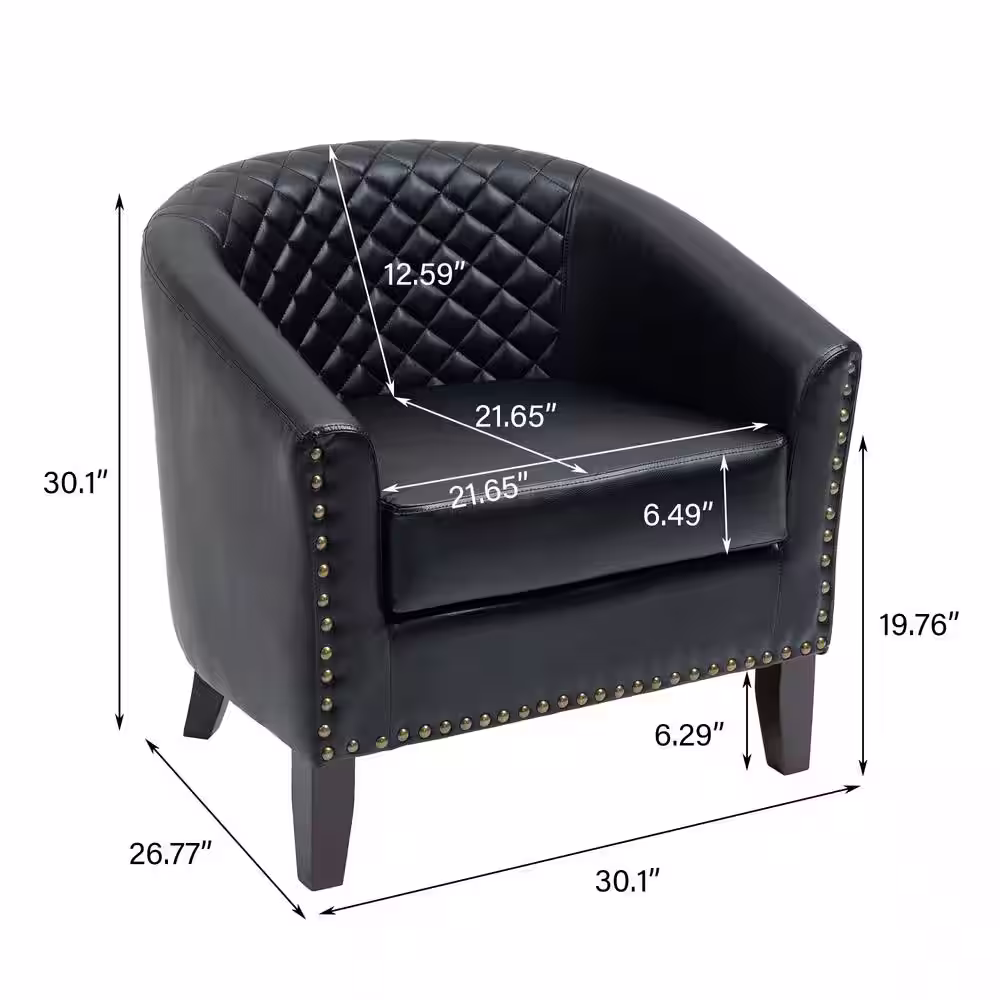 Uixe Mid-Century Black PU Leather Nailhead Trim Upholstered Accent Barrel Chair With Solid Wood Legs