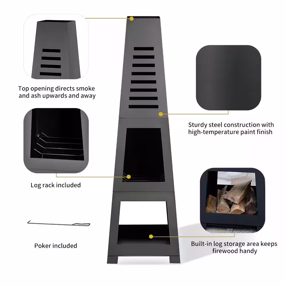 None 59 in. Wood Burning Chiminea Fire Pit with Built-in Log Storage, Wood Burning Fireplace