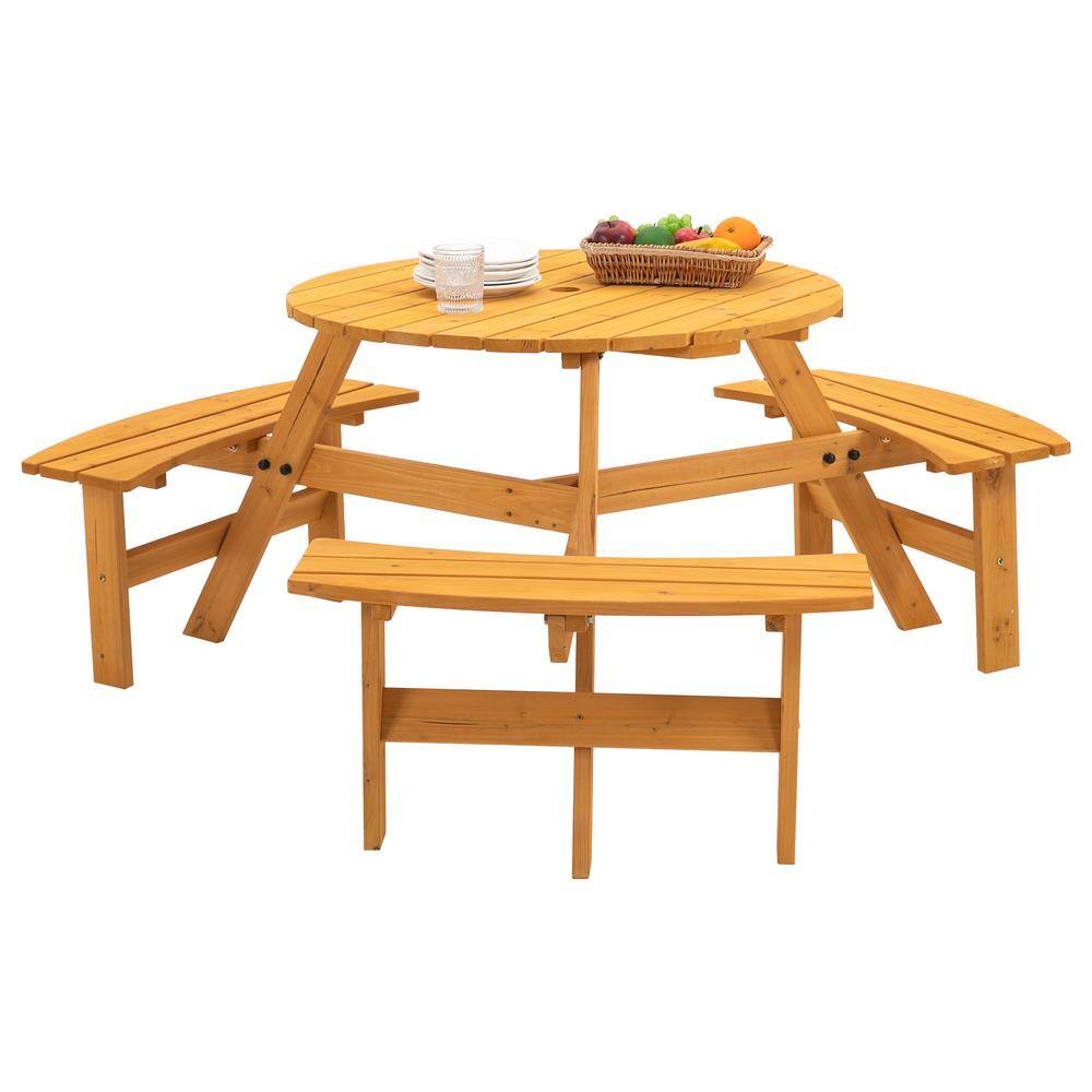 TIRAMISUBEST 6-Person Circular Wooden Outdoor Picnic Table for Patio, Backyard, Garden, DIY with 3 Built-In Benches Natural