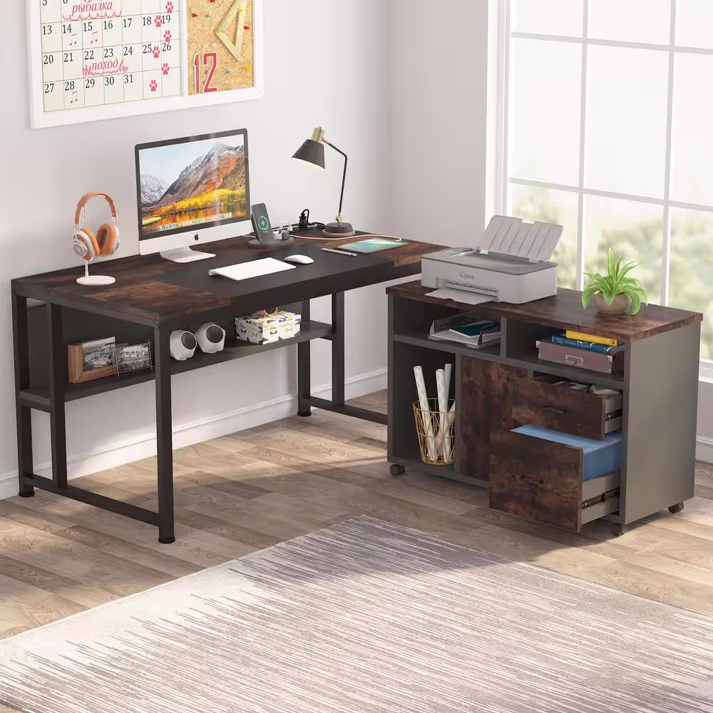 None Lantz 55.1 in. L-Shaped Desk Brown Engineered Wood 2-Drawers Executive Desk with File Cabinet