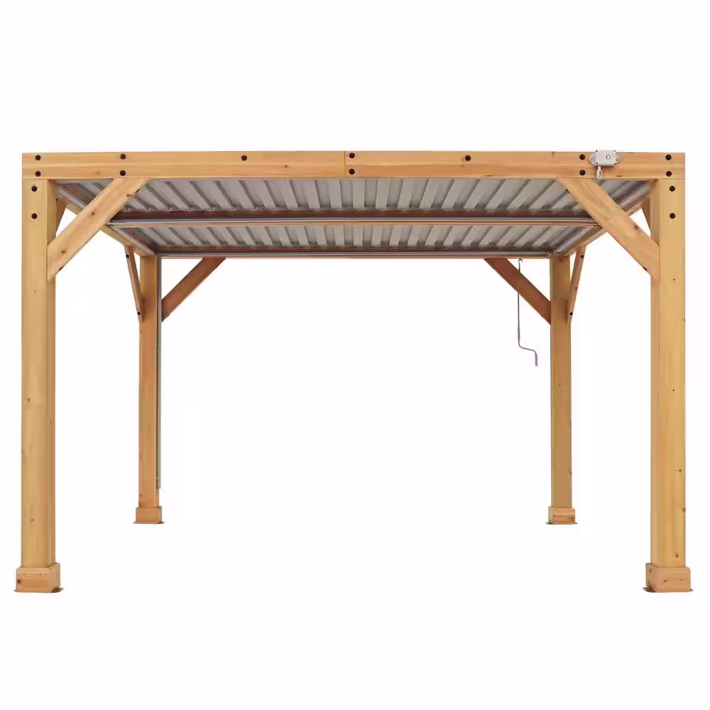 Yardistry Meridian 10 ft. x 12 ft. Premium Cedar Patio Shade Pergola with Gray Louvered Roof Panels and Built-In Gutter System