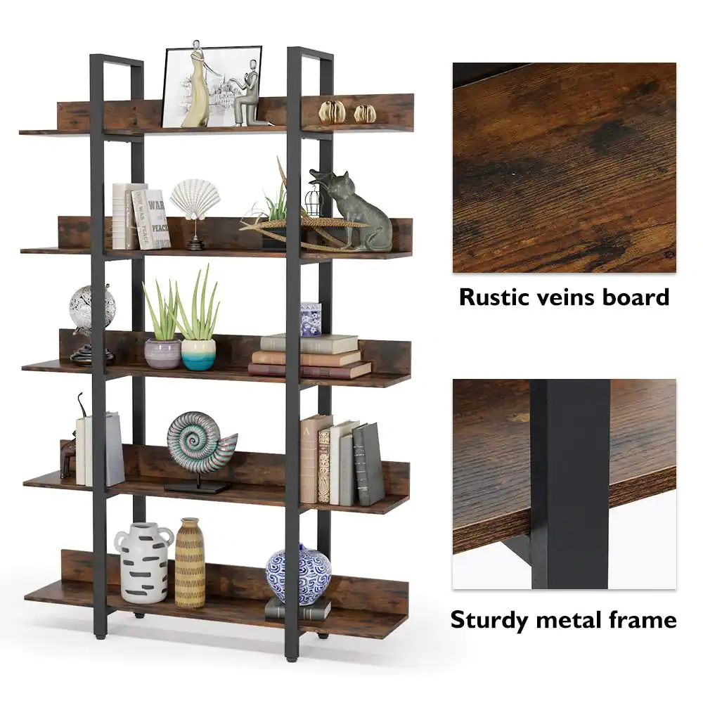 TRIBESIGNS WAY TO ORIGIN Bingo 71.6 in. Rustic Brown Wood 5-Shelf Etagere Bookcase with Back Fence