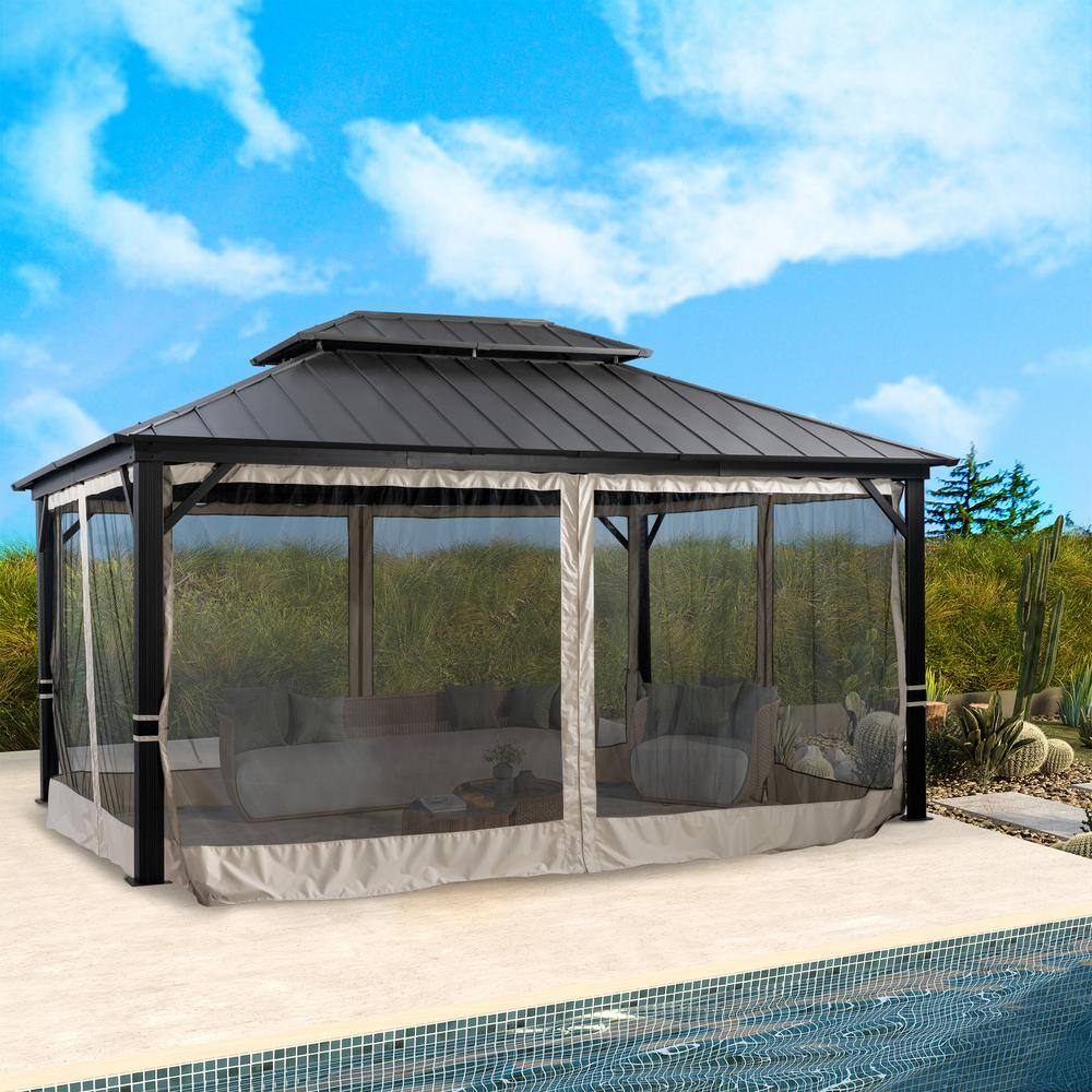 None 12 ft. x 16 ft. Double-Top Hardtop Gazebo Canopy Outdoor Metal Roof with Mosquito Net for Patio Garden