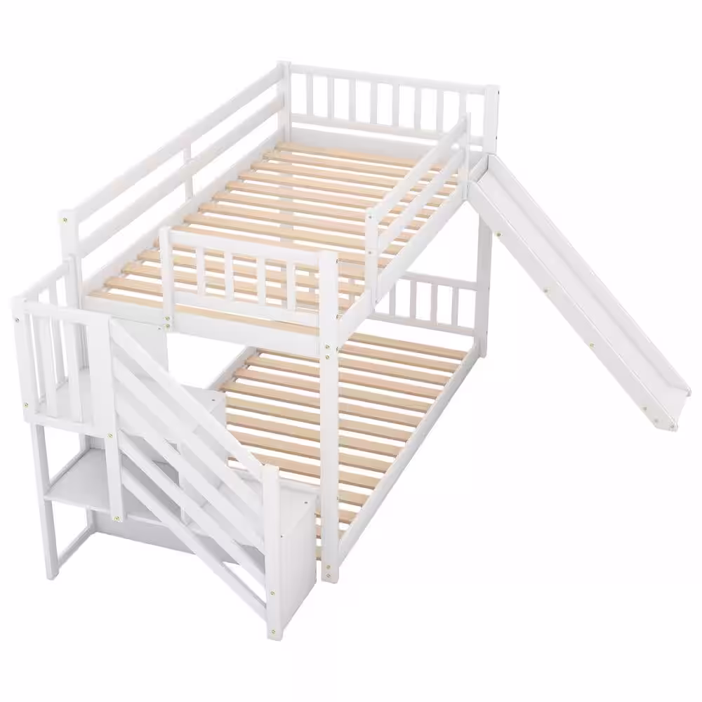 Harper & Bright Designs White Twin Over Twin Bunk Bed Daybed with Slide and Stairway