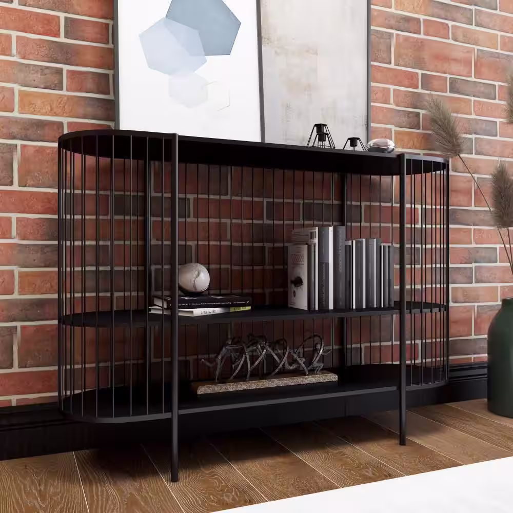 Litton Lane 48 in. Black Extra Large Oval Metal Narrow Open Wire Frame 2 Shelf Console Table